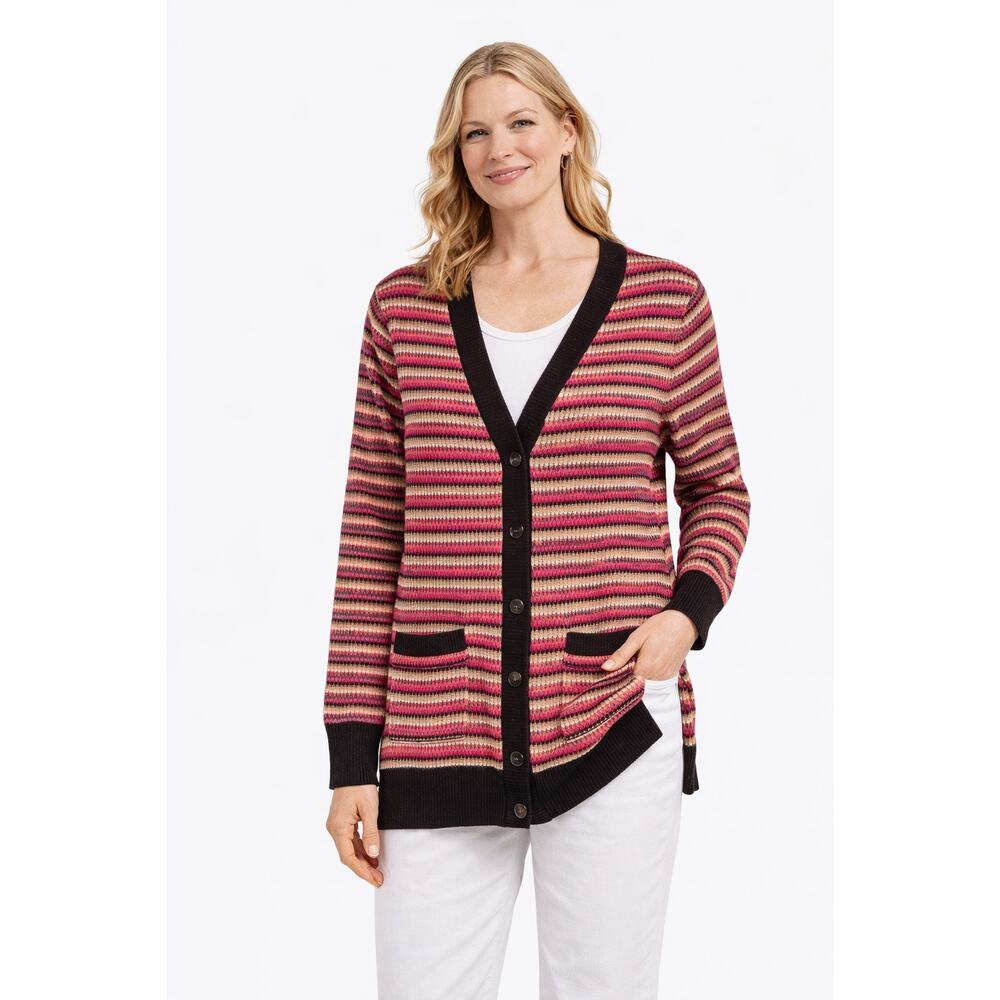 Trina Turk Striped‎ 100% Merino Wool Cardigan Sweater Preppy Womens Size Large